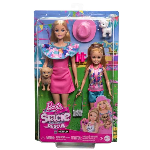 Barbie & Stacie Doll Set with 2 Pet Dogs & Accessories, Dolls with Blonde Hair & Blue Eyes, Summer Clothes, HRM09