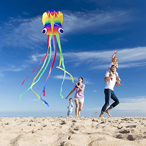 VIKSAUN Huge Rainbow Soft Octopus Kite for Kids and Audlts Large Kite with Long Tail 100m line Great Gift to Boys Girls with Kite String and Handle Beach Trip Outdoor Game (Rainbow)