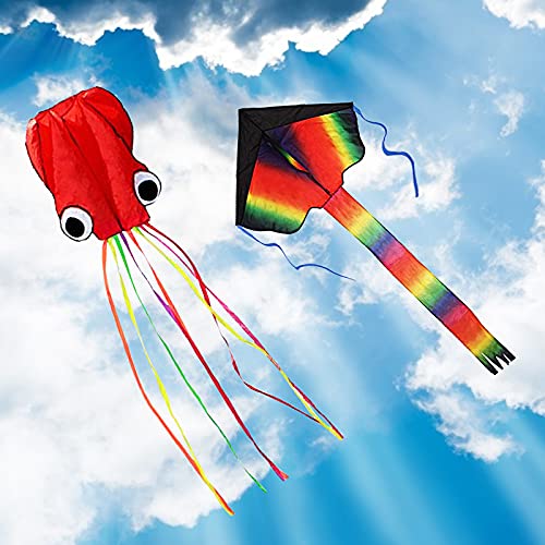 ZoomSky 2 Pack Kites - Large Rainbow Delta Kite and Red Mollusc Octopus with Long Colorful Tail for Children Outdoor Game,Activities,Beach Trip