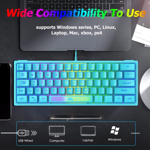 LexonElec K61 60% Percent Compact Gaming Keyboard blue keycaps UK Layout, RGB Illuminated LED Backlit Light up Wired Keyboard Mechanical Feel Ergonomic Shortcut for PC Laptop MAC ps4 Gamer Travel