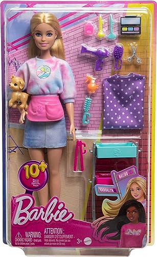 Barbie “Malibu” Stylist Doll & 14 Accessories Playset, Hair & Makeup Theme with Puppy & Styling Cart, HNK95