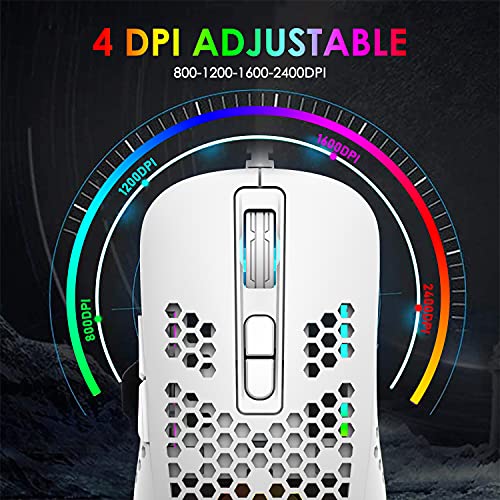 KUIYN 383 Ultralight Wired Gaming Mouse, Lightweight Honeycomb Shell, 4 RGB Breathing Backlit Mice, 4 Adjustable DPI 2400, USB Optical Computer Mice for Win10/XP/Xbox/PS4/PS5/Mac/Air/HP/Acer (White)