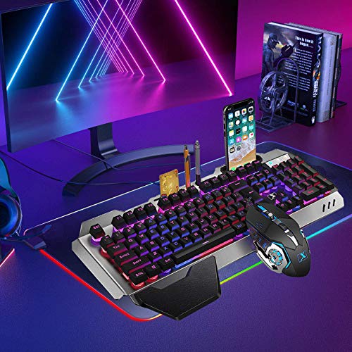 Wired Gaming Keyboard and Mouse Sets RGB LED Backlit Metal Plate 104 Keys Hand rest Usb Gamer Light Up Keyboard 2400DPI Optical 6 Buttons PC Game Mouse + Mousepad Compatible with Laptop Computer