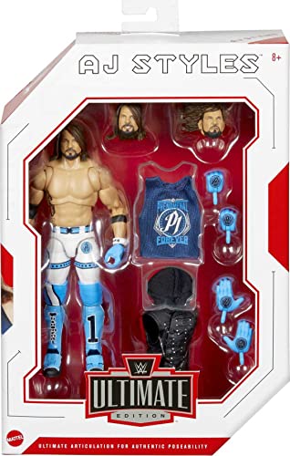 Mattel WWE Aj Styles Ultimate Edition Action Figure with Interchangeable Accessories, Articulation & Life-Like Detail, 6-Inch (HKT44)