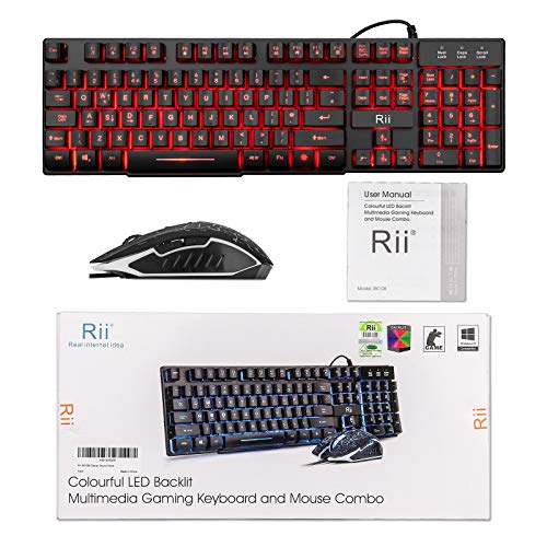 Rii RK108 Gaming Keyboard and Mouse Set,Wired LED Light Up Keyboard Mouse with 3 Colors Backlit (Red/Purple/Blue),Compatible with PC,Laptop,Windows,Gamer,Xbox one,PS4,PS5-UK Layout