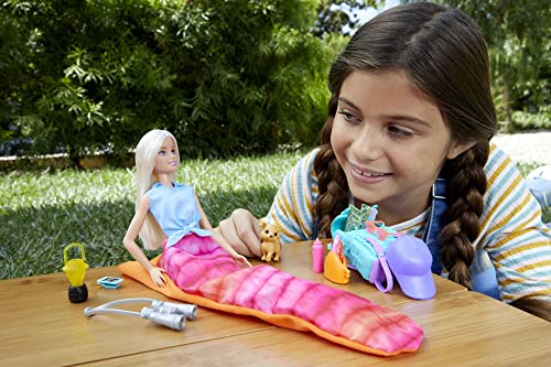 Barbie It Takes Two Doll Camping Playset, Barbie Doll with Blonde Hair, Toy Puppy, Sleeping Bag and 10 Doll Accessories, Toys for Ages 3 and Up, One Doll, HDF73