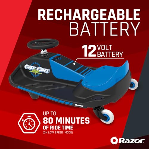 Razor Crazy Cart Shift - Electric Go Kart for Kids 6+ with 360° Auto Drift Steering, 8 mph Max Speed, Low Speed Setting & 40 Minute Ride Time, 5 Mile Range, Ride On with 12V 5Ah Battery - Black & Blue