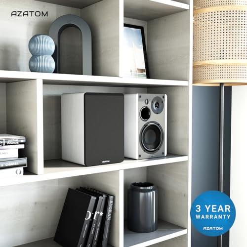 AZATOM EB100 Powered Bookshelf Hifi Speakers, 2.0 Active, Bluetooth, Wired, Wooden Enclosure, Perfect for Music, Vinyl records, Home Theatre, Gaming, Laptops, PC, 50 Watts (White)