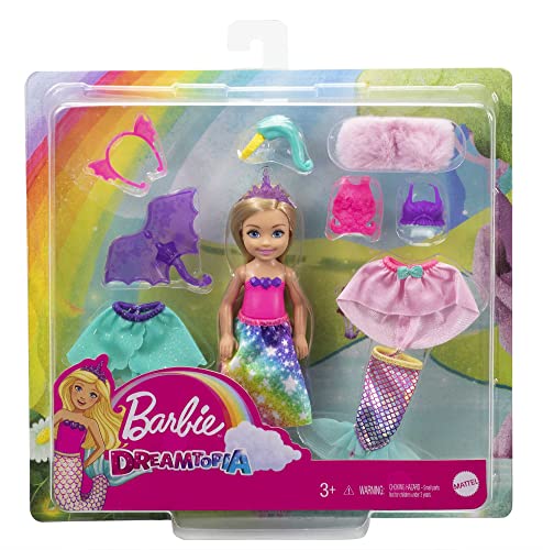 Barbie Dreamtopia Chelsea Doll and Dress-Up Set with 12 Fashion Pieces Themed to Princess, Mermaid, Unicorn and Dragon, Gift for 3 to 7 Year Olds