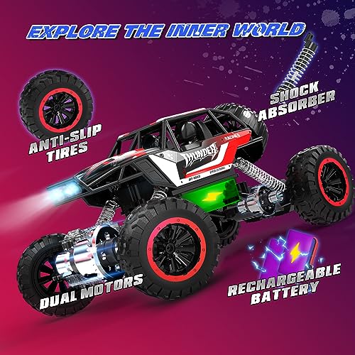DEERC 1:12 Remote Control Car with Metal Shell, 4WD Off Road Monster Truck, Dual Motors LED Headlight RC Rock Crawler, 2.4Ghz All Terrain Hobby RC Cars Toys for Boys Kids Adults Gifts (W/2 Batteries)