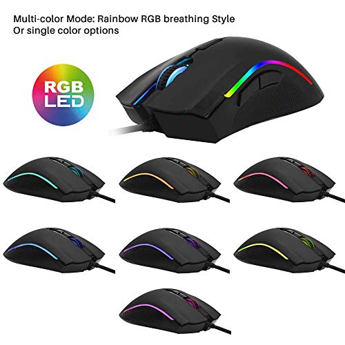 Combrite Gaming Mouse USB Wired, Rainbow LED Light, 7 Programmable Buttons, Chroma RGB Backlit, 4800 DPI Adjustable, Comfortable Grip Ergonomic Optical PC Computer Gaming Mice, Black