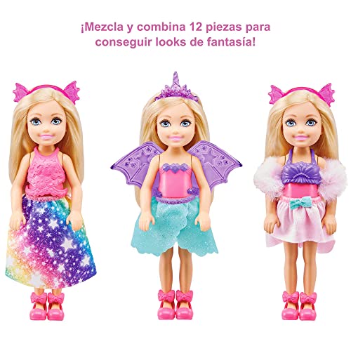 Barbie Dreamtopia Chelsea Doll and Dress-Up Set with 12 Fashion Pieces Themed to Princess, Mermaid, Unicorn and Dragon, Gift for 3 to 7 Year Olds