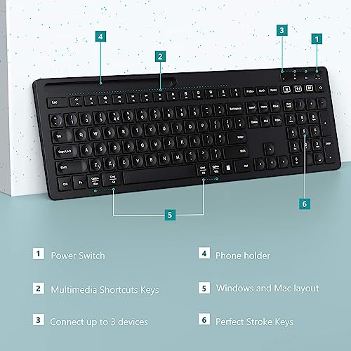 Seenda Wireless Keyboard, Multi-Device Bluetooth Full Size Keyboard with Phone Holder, WERTY UK Layout, Compatible for Mac OS,Windows,Android,iOS,PC/Laptop/Tablet