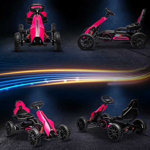 HOMCOM 12V Electric Go Kart for Kids, Ride-On Racing Go Kart with Forward Reversing, Rechargeable Battery, 2 Speeds, for Boys Girls Aged 3-8 Years Old - Pink