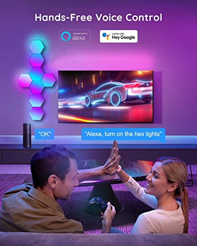 LED Hexagon Lights, Smart Home LED Wall Lights Work with Alexa Google Assistant, RGBIC Gaming Lights for Gaming Setup, Voice, App & Remote Control, LED Light Panels Music Sync for Gaming Room, 10 Pack