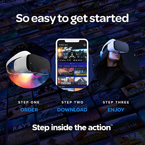 Vodiac VR - Virtual Reality Goggles, 75 Free VR Videos & More via The Vodiac in-App Streaming Service. Powered by Your Smartphone iPhone Android Compatible