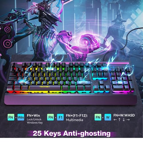 TECKNET RGB Gaming Keyboard, 105 Keys, All-Metal Panel, 15-Zone RGB Illumination, Backlit Quiet Computer Keyboard, Wrist Rest, 25 Anti-ghosting Keys, IP32 Water & Dust Resistant USB Wired Keyboard