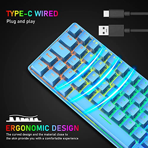 T60 UK Layout 60% Mechanical Keyboard and Mouse Set, Compact 62 Keys Mini Wired Gaming Keyboard 19 Rainbow Backlit + 6400DPI RGB Ultra-Light PC Gaming Mice + Mouse Pad For Laptop/MAC-Blue/Red Switch