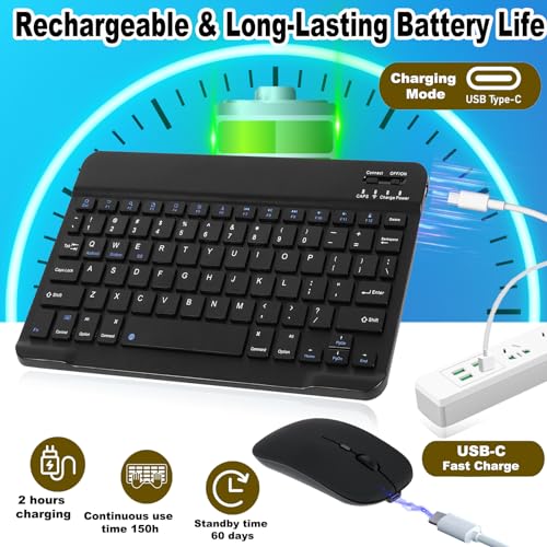 Bluetooth Keyboard, Wireless Keyboard and Mouse 2.4 USB Rechargeable Lightweight 10IN Universal Quiet Portable Mini Keyboard and Mouse set for iPad, iOS, Mac, Windows, Android Tablet Laptop-Black