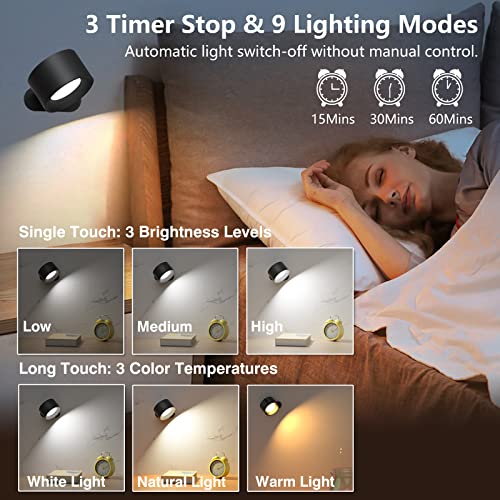 Coollamp Battery Wall Light, Indoor Wall Lamp with Remote/Touch Control, Rechargeable Battery, 3 Color Modes, 3 Dimmings, 360 ° Rotate, LED Wall Sconce for Reading Bedroom Living Room-Black 1PC