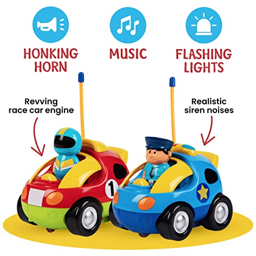 Prextex 2-Pack RC Cartoon Cars: Remote Control Cars for Kids Age 2-3 | Kids Remote Control Police and Race Car Toys for Boys | Great Stocking Fillers for Toddlers 18+ Months