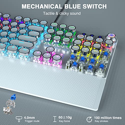 Aula F2088 Typewriter Style Mechanical Gaming Keyboard Blue Switch, with Removable Wrist Rest, Media Control Knob, Rainbow Backlit, Retro Punk Round Keycaps, 108 Keys Wired Computer Keyboard, White