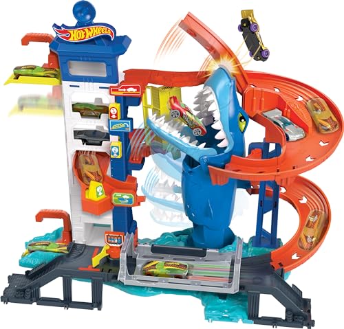 Hot Wheels Track Set and 1:64 Scale Toy Car, Multi-Level Playset with Shark Nemesis Challenge, City Shark Escape Playset, HDP06