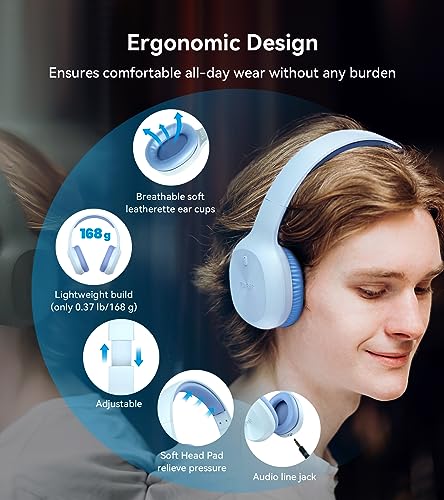 Edifier W600BT Wireless Over-Ear Headphones, Bluetooth V5.1, Crystal Clear Call, 40mm Drivers, 30H Playtime, Connect to 2 Devices, Built-in Microphone, Lightweight, for Travel, Home, Office - Blue