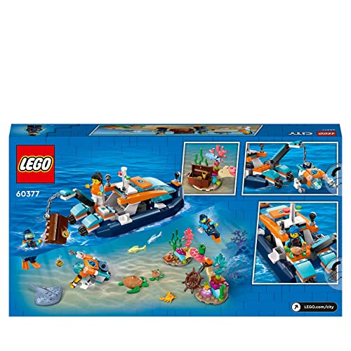 LEGO 60377 City Explorer Diving Boat Toy with Mini-Submarine, Shark, Crab, Turtle Manta Ray and Sea Animal Figures, Underwater Ocean Diving Set, for Kids Aged 5+