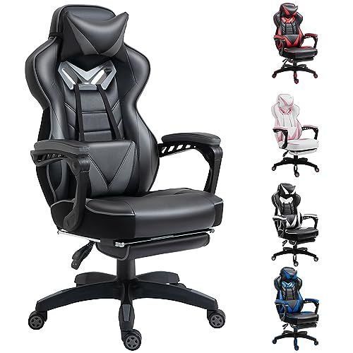 Vinsetto Racing Gaming Chair with Footrest, PU Leather Office Chair, Computer chair with Lumbar Support, Headrest, Grey