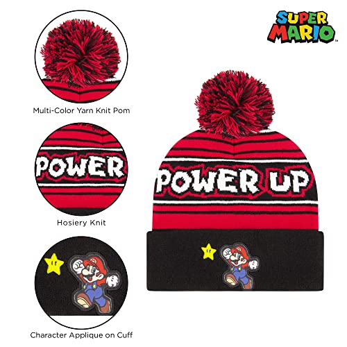 Nintendo Boys' Winter Hat and Kids Gloves Set, Super Mario Beanie for Ages 4-7, Red/Black, Age