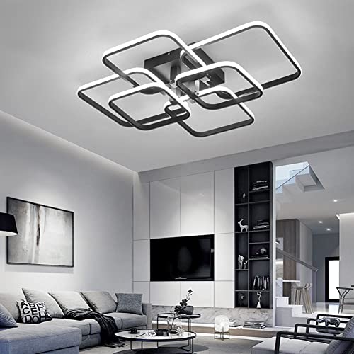 XEMQENER Modern LED Ceiling Light with 6 Squares, 102W Flush Mount Pendant Light, Black Acrylic Chandelier for Living Room Bedroom Dining Room, 6000K Cool White Light Only(NO Remote)