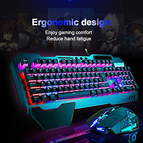 Wired Gaming Keyboard and Mouse Sets RGB LED Backlit Metal Plate 104 Keys Hand rest Usb Gamer Light Up Keyboard 2400DPI Optical 6 Buttons PC Game Mouse + Mousepad Compatible with Laptop Computer