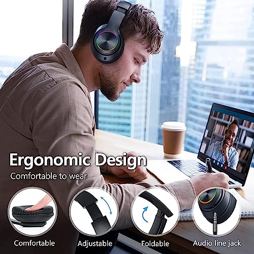 TFUFR Bluetooth Headphones Over Ear, Wireless Headphones Over Ear, Foldable Lightweight Wireless Headphones with Built-in Noise Reduction Microphone for Online Class, Office, PC, Phone