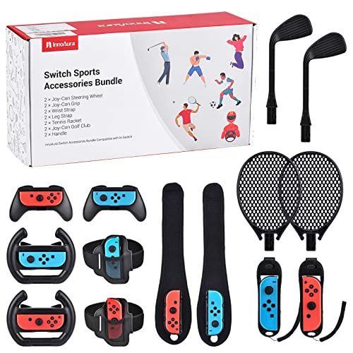 14 in 1 Switch Sports Accessories Bundle, innoAura Switch Sports Bundle with Switch Steering Wheel, Joycon Grip, Tennis Racket, Glof Club, Wrist Strap, Leg Strap Compatible with Switch/Switch OLED