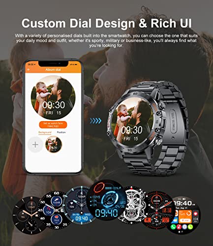 Men Smart Watch Bluetooth Answer/Make Call for Android iOS Phone 400 mAh 1.39" Outdoor Sport Activity Fitness Tracker 2 Watch Straps Black Steel Male Music Smartwatch Health Monitor