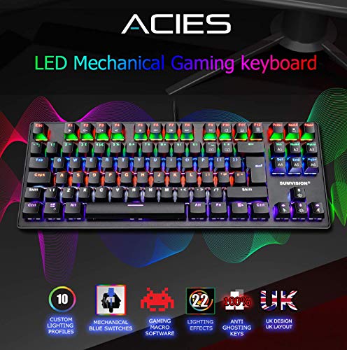 Sumvision Acies Mechanical LED Gaming Keyboard Full Tenkeyless Tkl Multicolour Illuminated 100% Anti-Ghosting for Windows PC Laptops Programmable Macro & Gaming Software Suite UK Layout PC