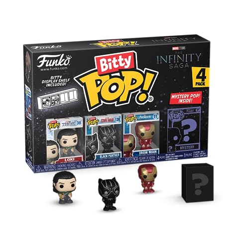 Funko Bitty Pop! Marvel - Loki 4PK - Loki, Black Panther, Iron Man (VII) and A Surprise Mystery Mini Figure - 0.9 Inch (2.2 Cm) - Marvel Comics Collectable - Stackable Display Shelf Included