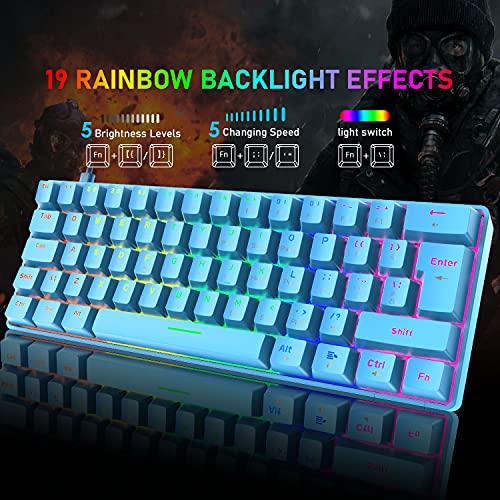 T60 UK Layout 60% Mechanical Keyboard and Mouse Set, Compact 62 Keys Mini Wired Gaming Keyboard 19 Rainbow Backlit + 6400DPI RGB Ultra-Light PC Gaming Mice + Mouse Pad For Laptop/MAC-Blue/Red Switch