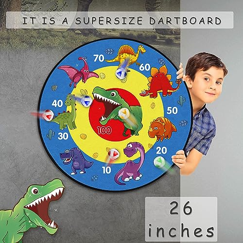 TOMYOU 26" Dart Board for Kids with 16 Sticky Balls, Double Sided Dinosaur Dart Board, Indoor Outdoor Party Games Toys, Birthday Toys Gift for Age 5 6 7 8 9 10 11 12 Year Old Boys Girls - 66cm