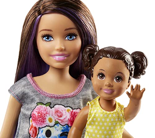 Barbie Skipper Babysitters Doll Playset, Brunette Skipper Doll with Brown Baby Doll, Baby Stroller and Doll Accessories, Toys for Ages 3 and Up, Two Dolls, FJB00