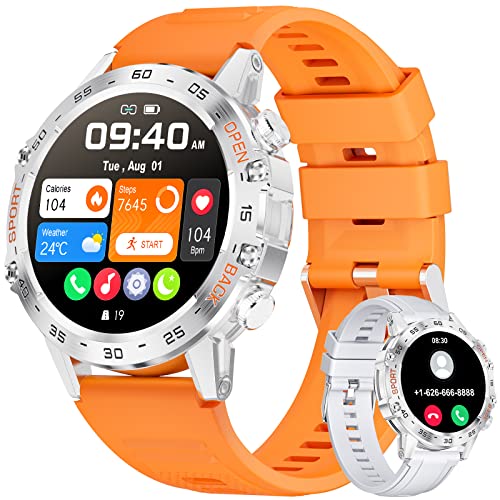 BANGWEI Military Smart Watch Answer and Make Call,400mAh Long Battery Fitness Tracker with Heart Rate Blood Pressure Monitor SpO2 100+ Sports,1.4'' HD Screen Tactical Smartwatch Orange