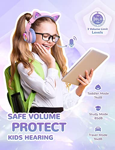 iClever Bluetooth Kids Headphones, BTH13 Cat Ear LED Light Up Wireless 50H Playtime, 74/85/94dB Volume Limiting Children Headphones with Microphone Over for School/Tablet/PC