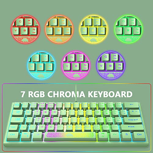 LexonElec K61 pro - [UK Layout] 60% percent Green Keyboard Gaming Mini Cute - RGB Illuminated LED Light up USB Wired Compact - Small Portable Mechanical Feel Aesthetic for PC Laptop MAC ps4 Gamer