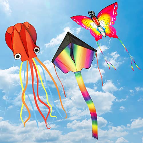 Nazano 3 Pack Kites - kites for children and adults, Large Rainbow Kids Kite Butterfly Kites Red Mollusc Octopus for Outdoor Game Activities, Beach Games Great Gift to Boys Girls Age 3 4 5 6 and Up