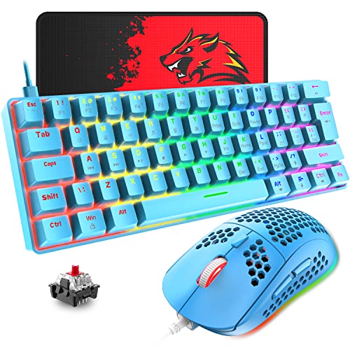 T60 UK Layout 60% Mechanical Keyboard and Mouse Set, Compact 62 Keys Mini Wired Gaming Keyboard 19 Rainbow Backlit + 6400DPI RGB Ultra-Light PC Gaming Mice + Mouse Pad For Laptop/MAC-Blue/Red Switch