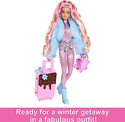 Barbie Travel Barbie Doll with Wintery Snow Fashion, Barbie Extra Fly, Sparkly Pink Jumpsuit and Faux-Fur Coat, HPB16