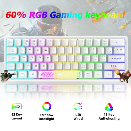 LexonElec K61 60% Percent Compact Gaming Keyboard white keycaps UK Layout, RGB Illuminated LED Backlit Light up Wired Keyboard Mechanical Feel Ergonomic Shortcut for PC Laptop MAC ps4 Gamer Travel