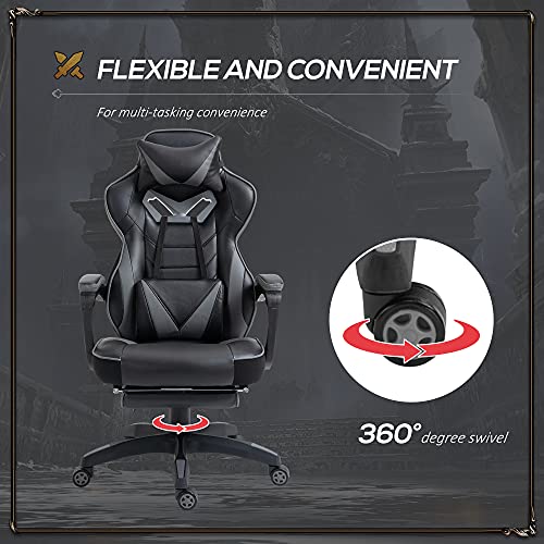 Vinsetto Racing Gaming Chair with Footrest, PU Leather Office Chair, Computer chair with Lumbar Support, Headrest, Grey