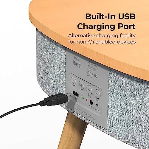 i-box Smart Home, Wireless Charging Table, Bluetooth Speaker, Wireless Charger, USB Charging Station, 20w Stereo Speakers, Subwoofer, Smart Coffee Table with Wireless Charging, Smart Devices (Oak)